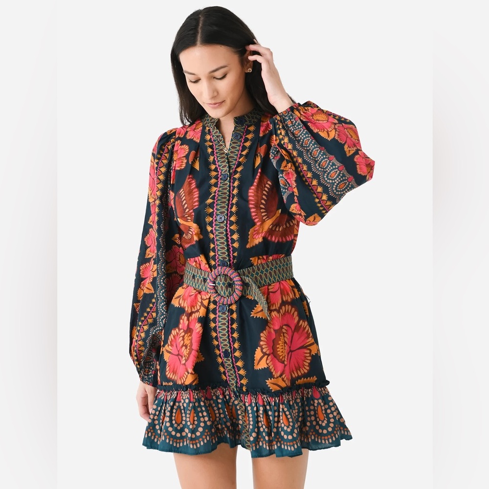 FARM RIO Puff Sleeve ANNIKA SPARKLE TEAL MINI DRESS